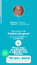 Ray Faxina limpeza residencial e comercial VAGAS AINDA DISPONÍVEL PRA ESSA SEMANA! 
Precisando de uma diarista que faça aquela faxina completa  ? 
A faxina que eu faço inclui, limpeza de
 todos os móveis por fora, limpar fogão, tirar pó, arrastar móveis, ventilador de teto, lustres, janelas, portas, azulejos, lavar, passar pano, lavagem a seco e etc. ZAP 11913319016