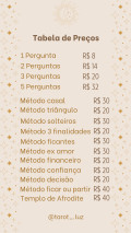 Tarot Luz Descubra o que o Tarot revela para você! Orientação em amor, carreira e bem-estar, com métodos únicos e clareza nas respostas para as suas dúvidas.

Consultas Personalizadas
Para quem busca autoconhecimento e apoio para suas decisões.

Agende agora:
WhatsApp: (94) 98435-1111
Instagram: @tarot_.luz